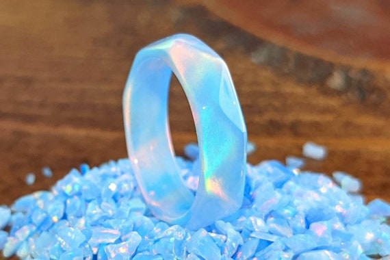 Delicate Opal Ring: Faceted Beauty With 5mm Blue Opal Band