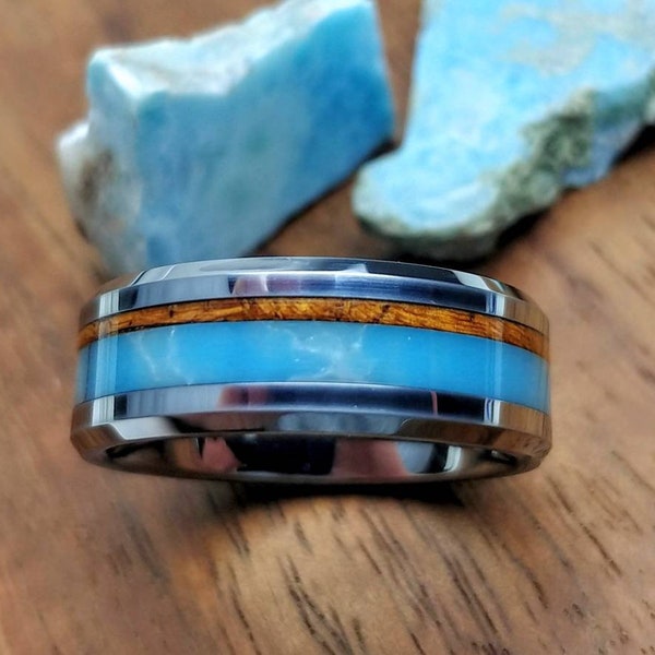 Hawaiian Koa Wood Ring | Tungsten Wedding Band | Larimar Stone Band | Mens Wedding Ring | 8mm Wedding Band | Wooden Wedding Ring