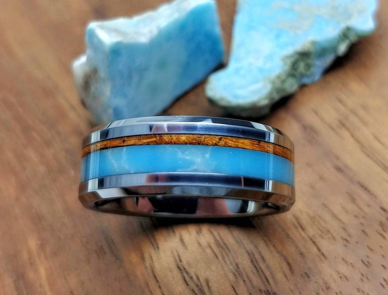 Hawaiian Koa Wood Ring Tungsten Wedding Band Larimar Stone Etsy