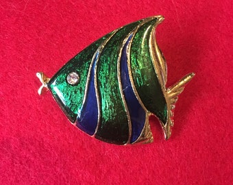 Vintage brooch fish discufish enamelled rhinestone