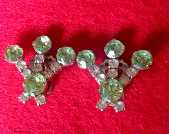 Vintage ear clips green and clear rhinestones