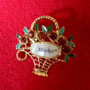 Vintage brooch "MOTHER" flower basket rhinestones and mother-of-pearl enamelled