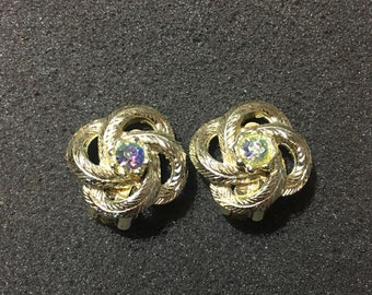 Vintage Ear Clips Knot Aurora Borealis Rhinestone