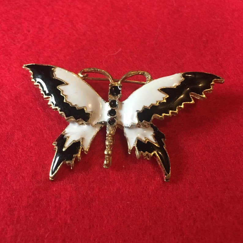 Vintage brooch butterfly blackwhite emamelled