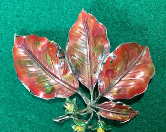 Vintage designer brooch "EXQUISITE" autumn leaves enamelled