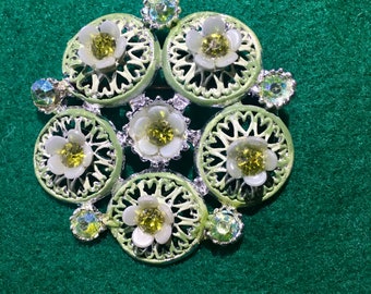 Vintage brooch flowers enamelled rhinestones