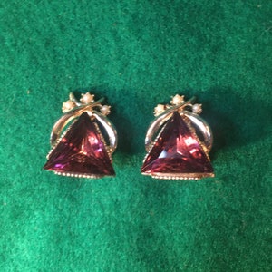 Vintage Ear Clips Triangle Glass Stone Purple Artificial Pearl