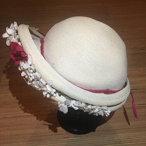 Vintage Straw Hat Beige Flower Details Original 50s Size 50