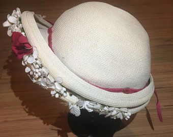 Vintage Straw Hat Beige Flower Details Original 50s Size 50