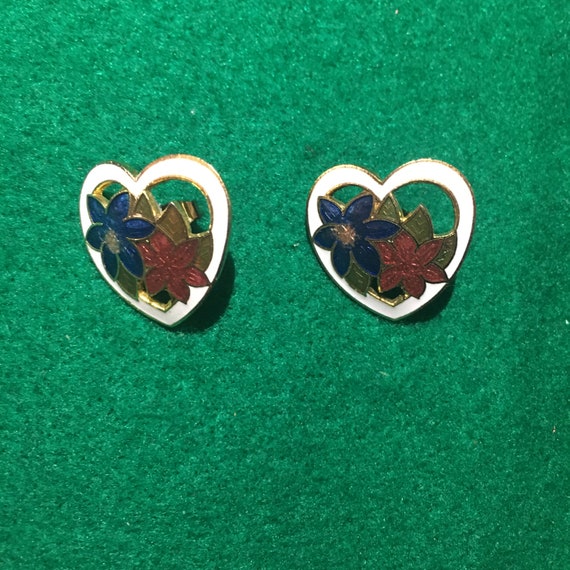 Vintage studs Cloisonné heart enamelled - image 1
