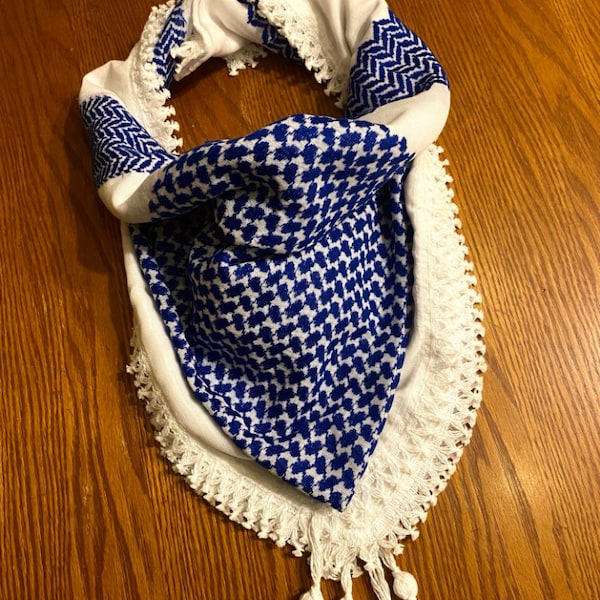 Blue Keffyieh Original Palestine, Unique Arab Scarf Kofya Shemagh, FaceMask Cover, Vintage dress Hatta Bandana, Woven Stitched NOT Printed