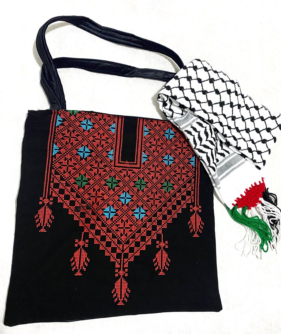 Traditional Palestinian Red Digital Printed Tote Bag with Rhombuses main image 0