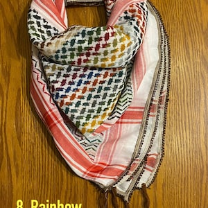 Palästina-arabischer Schal, gewebt, genäht, NICHT bedruckt, einzigartiger Keffiyeh-Gesichtsbezug, Kopfbedeckung, Bandana, Schal, Kofyah-Maske, Vintage-Kleid Hatta Shemagh 8. Rainbow Keffiyeh