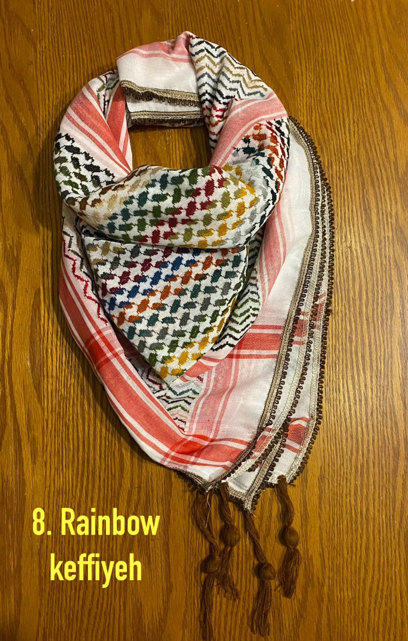 Palästina-arabischer Schal, gewebt, genäht, NICHT bedruckt, einzigartiger Keffiyeh-Gesichtsbezug, Kopfbedeckung, Bandana, Schal, Kofyah-Maske, Vintage-Kleid Hatta Shemagh 8. Rainbow Keffiyeh