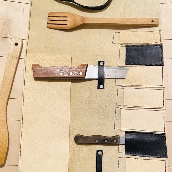 Rouleau de couteaux 7 fentes, sac de chef artisanal, rouleau de couteaux en cuir de vache véritable, porte-outils cadeau ustensiles de cuisine beige noir couleur 47 cm x 33 cm