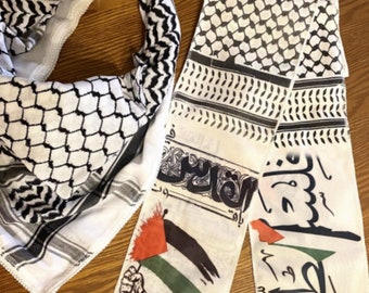 2x Palestine Scarfs , Original Palestinian Keffyeih Head Scarf, Unique Designs, Kuffyieh Hatta Vintage Dress, Kofya Shawl Bandana White
