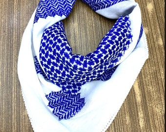 Foulard arabe unique bleu Keffyieh Shemagh, tissé cousu, couvre-visage couvre-chef coupe-vent masque Kuffyieh, robe vintage Kofya Hatta bleu blanc
