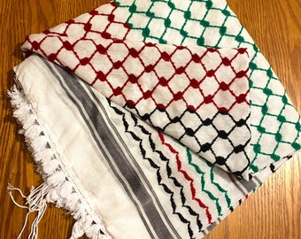 Écharpe drapeau de la Palestine, bandana arabe en tissu Shemagh Keffyeih Kofya Hatta, kuffyieh tissé cousu PAS imprimé, couleurs de glands noirs mélangés