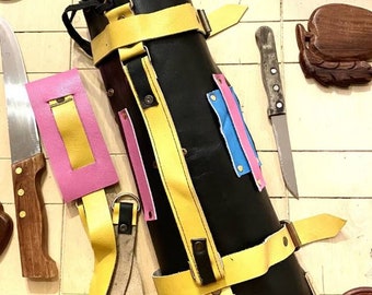 Colourful Knife Roll Handmade 8 Slots Genuine Leather Chef Bag Supply kitchen Tools bag Holder Wooden Leather Roll with strap Size 56cmX42cm