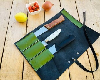 Rouleau de couteaux à 3 fentes, sac de chef, rouleau de couteaux en cuir de vache véritable, sac porte-outils, ustensiles de cuisine cadeau de chef noir vert, taille 36 cm x 27 cm