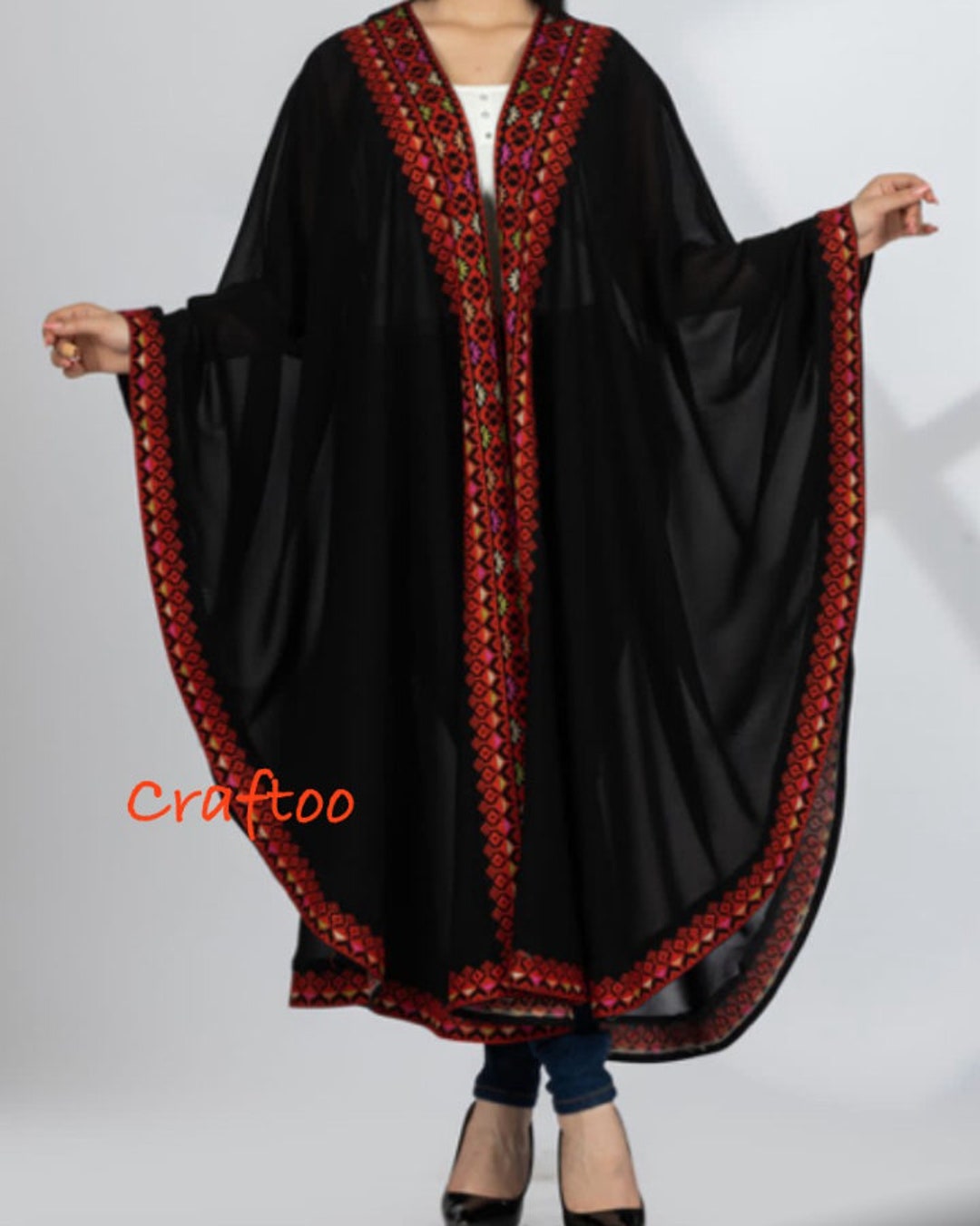 Black Crepe Georgette Abaya – Palestinian Tatreez & Colorful Tassels
