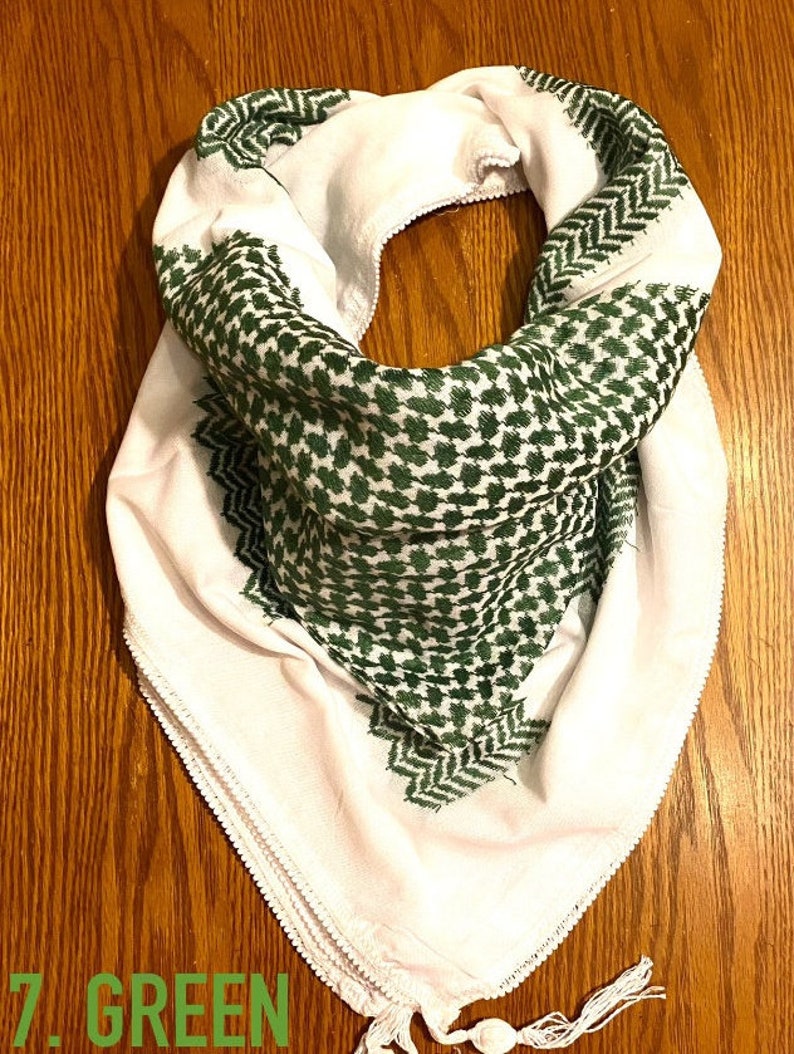 Palästina-arabischer Schal, gewebt, genäht, NICHT bedruckt, einzigartiger Keffiyeh-Gesichtsbezug, Kopfbedeckung, Bandana, Schal, Kofyah-Maske, Vintage-Kleid Hatta Shemagh 7. Green Keffiyeh