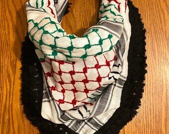 Écharpe représentant le drapeau de la Palestine, 4 couleurs mélangées, keffyeih haute qualité, écharpe arabe Hatta, bandana Kofya Kuffyieh, glands noirs tissés cousus, non imprimés