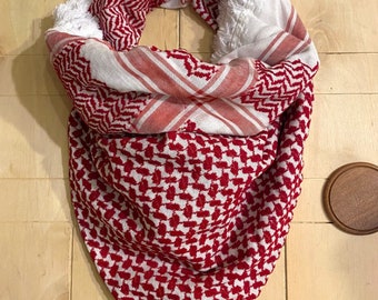 Écharpe rouge unique de Jordaniens, couvre-visage tissé cousu, enveloppement de chapeaux, robe vintage du désert des bédouins arabes, Hatta Shemagh unisexe avec glands