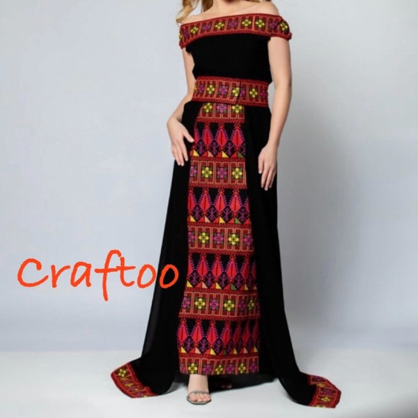 Embroidery Palestine Dress, Vintage Style, Heritage Palestinian Jordanian, Traditional Tatreez Thobe Embroidered Maxi Dress