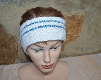 Strickstirnband Stirnband handgestrickt in weiß mit blauen Streifen und Lurex Ohrenwärmer