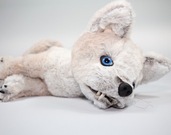 Polar fox child realistic, unique, puppy, wolf, husky, mobile, stuffed animal, glass eyes, lover, collector, multicolored artificial fur