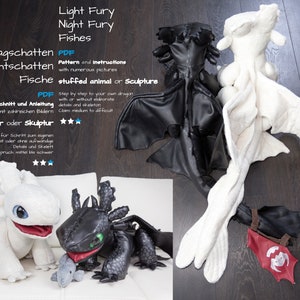PDF Sewing Pattern and Tutorial, Bundle: Light Fury + Toothless (Night Fury), Step by step instructions, 84 pages, Plushie and sculpture