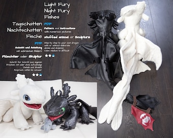 PDF Sewing Pattern and Tutorial, Bundle: Light Fury + Toothless (Night Fury), Step by step instructions, 84 pages, Plushie and sculpture