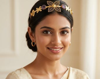 Raw Amethyst Leaf Headband | Matte Gold Floral Tiara | Boho Hair Accessory