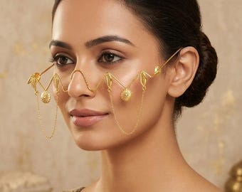 Gold Facelet Jewelry - Avant Garde Face Frame Accessory - Handcrafted Statement Nose to Ear