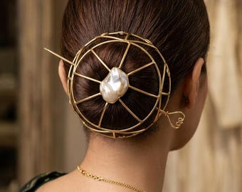 Gold Bun Cage with Baroque Pearl, Hair Stick Pin, Metal Chignon Holder, Unique Jewelry
