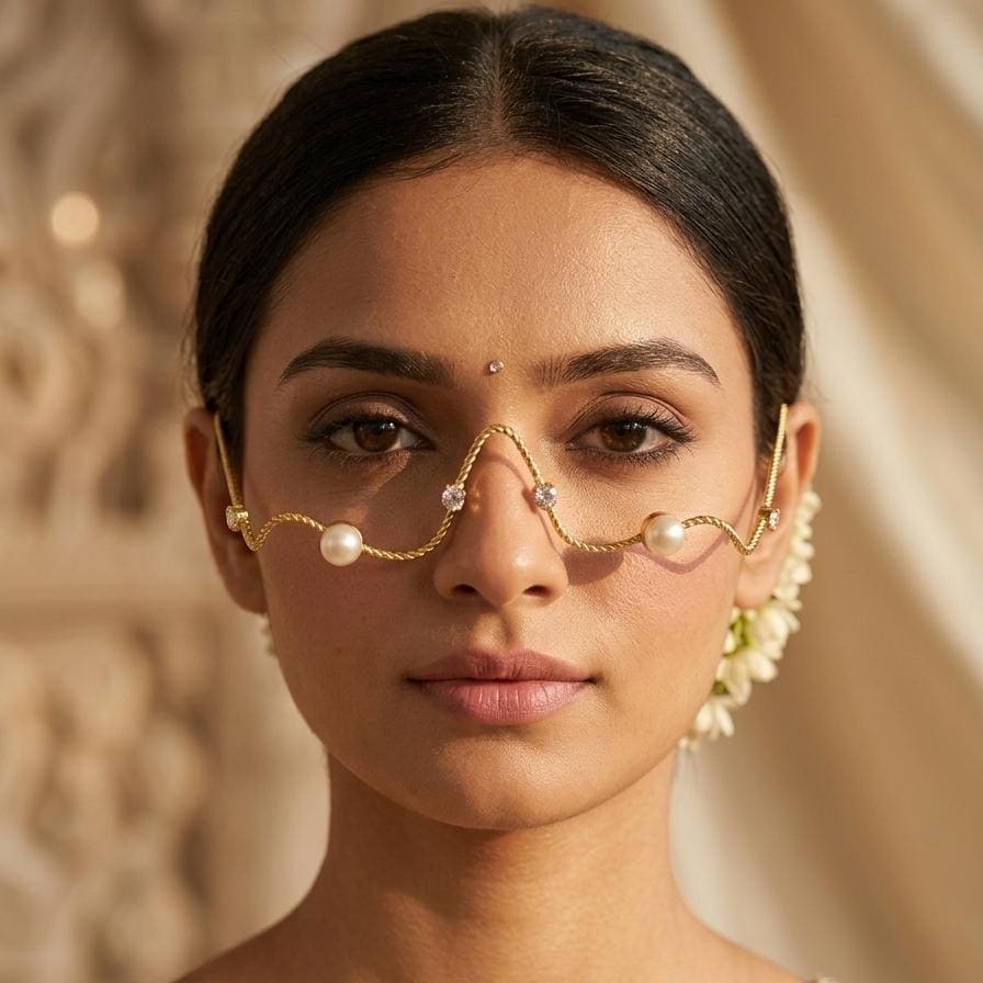 Handcrafted Gold-Plated Pearl Spectacle Face Ornament - Avant-Garde Statement Facial Accessory