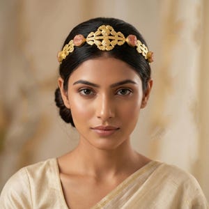 Raw Carnelian Headband in Matte Gold, Ethnic Bridal Forehead Piece, Raw Stone Hair Crown