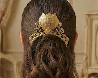 Handmade Gold Floral Hair Fork, Leaf Bun Pin, Bridal Wedding Pin Accessory, Engraved Stick