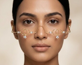 Gold Plated Facelet Jewelry | Avant-Garde Nose-to-Ear Face Frame | Handcrafted Facial Accessory
