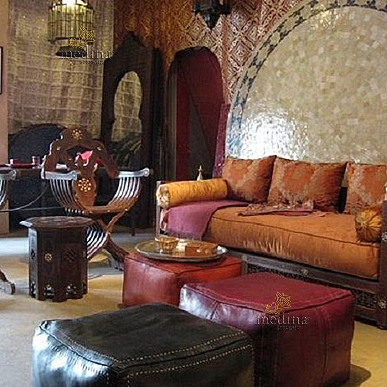 Moroccan square Pouffe red square pouf handcrafted genuine leather