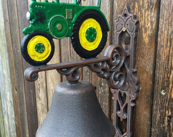 Türglocke mit Traktor grün/gelb aus massivem Gusseisen