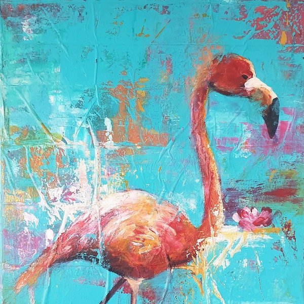 Peinture acrylique sur toile, Flamingo I; peinture originale; peinture animalière; peinture acrylique; art mural; décoration de maison