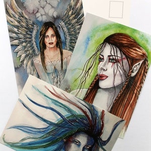 Lot de 3 cartes postales représentant des créatures fantastiques : « Nymphe, Elfe des forêts, Ange »