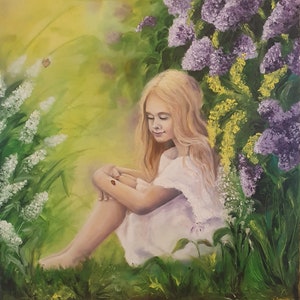 Under the Lilac Bush, Original Oil Painting on Canvas, Wall Art