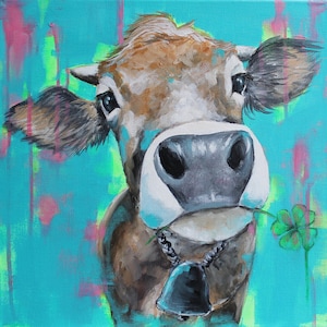 mucca portafortuna 20 x 20 cm; stampa su tela; pittura di animali; pittura acrilica; arte muraria; Home decor