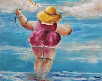 Zeegezicht 20 x 20 cm, print op canvas; Titel: Plezier aan zee; Acrylverf; Muurdecoratie; Woondecoratie