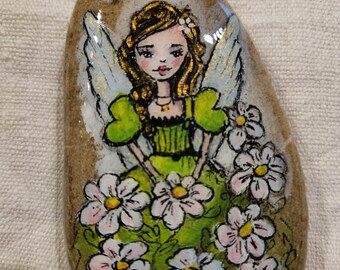 Steinmalerei, bemalter Stein, Original Acrylmalerei auf Stein, kleine Frühlingsfee, Deko