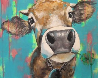 Cow Painting Lucky Cow Print on Canvas 40x40cm Animal Painting
