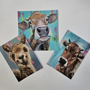 Set di 3 cartoline "I 3 fantastici": mucca portafortuna, mucca dell'Algovia e alpaca